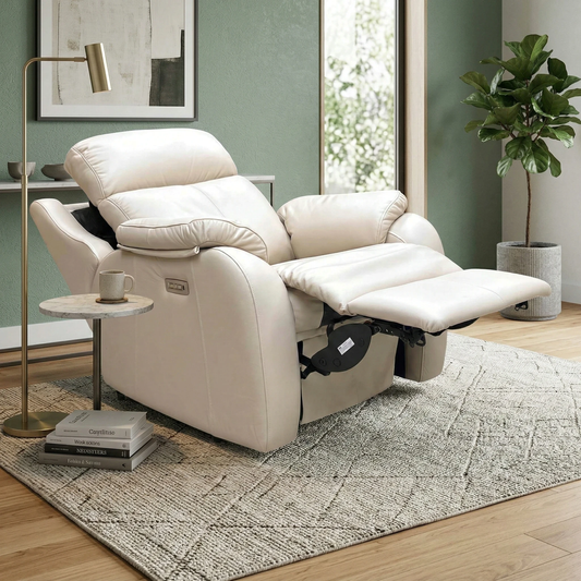 Living room view of the Kingsbury power recliner, showcasing the sophisticated curved edges, plush arm cushions, and modern contemporary Italian-inspired style.