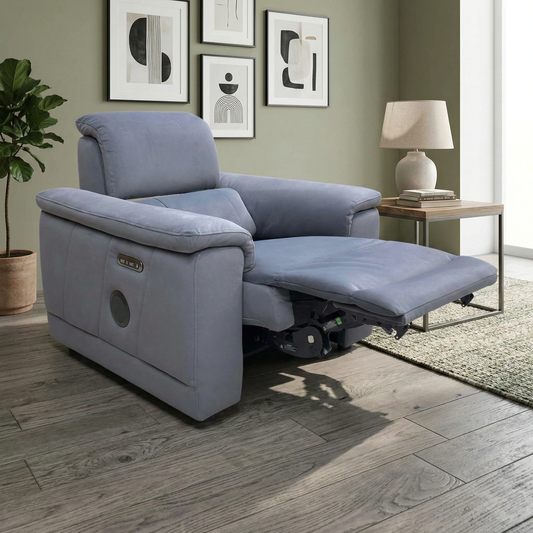 Living room view of the Genius armchair in Iron Grey, showcasing the plush velvet texture and the sleek, contemporary silhouette of this high-tech recliner.