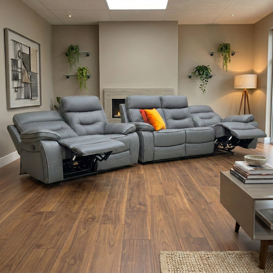 Living room view of the Dante 3+2 sofa set, highlighting the durable grey fabric, pocket-sprung seating, and easy-to-use manual latch reclining on four seats.
