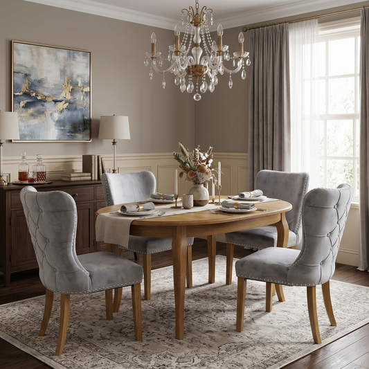 Dining room view for the Chennai Grey Velvet dining chairs, highlighting the soft-touch luxe upholstery, high-density foam seating, and sophisticated studded trim.