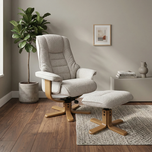 Living room view for the Riga swivel chair set, highlighting the 360-degree swivel, push-back recline, adjustable headrest, and supportive high-back design.