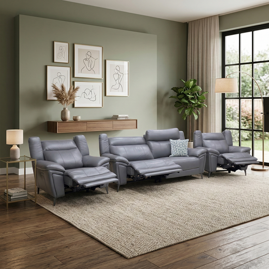 Living room view for the Panache power recliner set, highlighting the 100% premium leather, pocket sprung seat cushions, and integrated USB/USB-C charging ports.