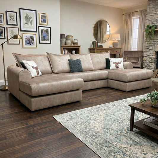 Living room for the Serenis double-ended chaise, highlighting the luxurious Caramel Brown velvet, high-resilience foam seating, and extensive lounging area.