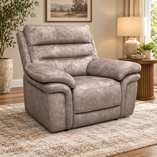 Berlin classic brown velvet chair in a living room with a patterned rug and a table lamp