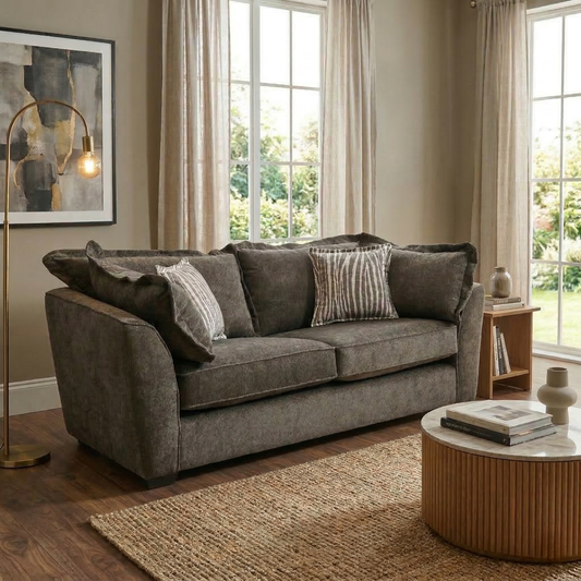 Living room view for the Finchley 3-seater sofa, highlighting the soft-touch Moleskin Brown chenille, durable hardwood frame, and high-resilience foam seating.