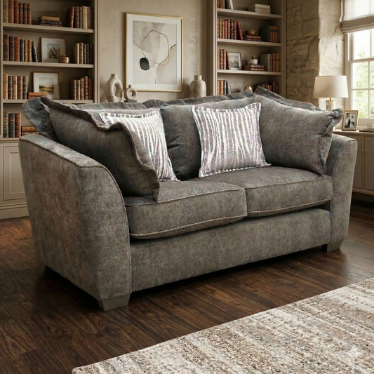 Living room view for the Finchley 2-seater sofa, highlighting the soft-touch Moleskin Brown chenille upholstery, durable hardwood frame, and high-resilience foam seating.