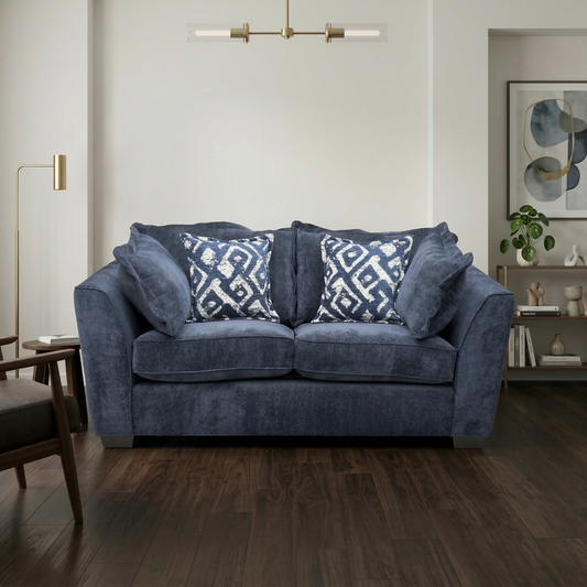Living room view for the Finchley 2-seater sofa, highlighting the durable Denim Blue Derwent fabric, high-resilience foam seating, and sturdy hardwood frame.