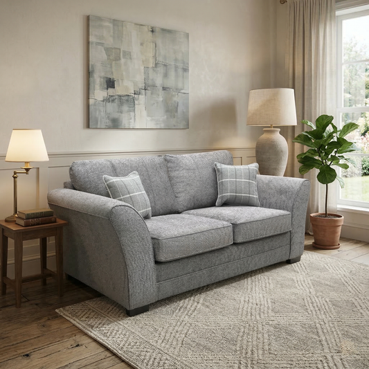 Living room for the Sophie sofa bed, highlighting the durable woven fabric, easy-to-use pull-out mechanism, and high-density foam mattress.