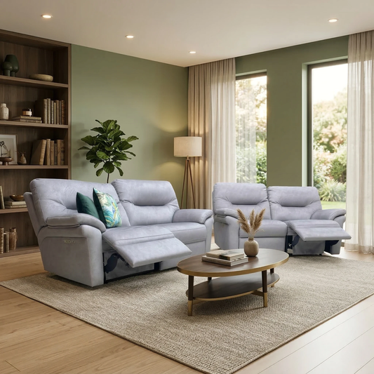 Living room view of the charcoal grey velvet power recliner sofa set, showing the sleek contemporary design and plush cushioning.