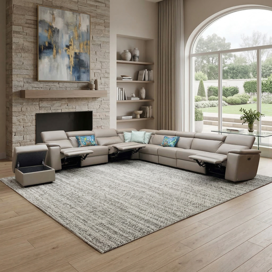 Nicoletti ‘Davide’ 312 Torello Taupe Leather 4 Corner 3 Power Recliner Sofa + Storage Footstool