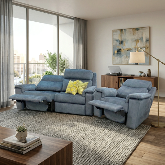 G Plan ‘Thornbury’ A125 Stingray Indigo Velvet 3 Seater Power Recliner Sofa with Power Headrest and Power Lumbar + Power Chair