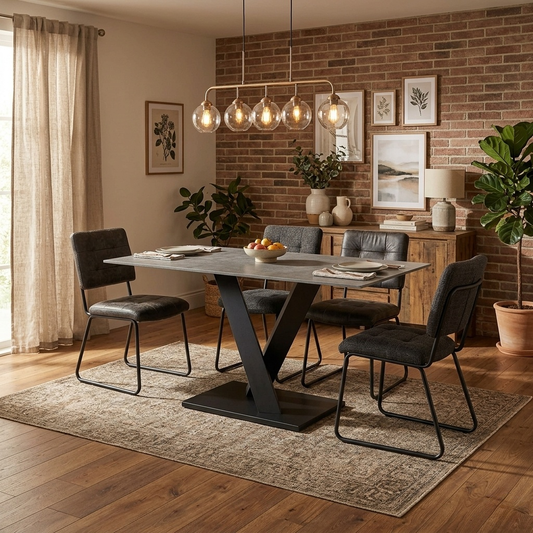 Living room view the Warrior dining table, highlighting the durable matt-finished stone surface and architectural powder-coated frame.