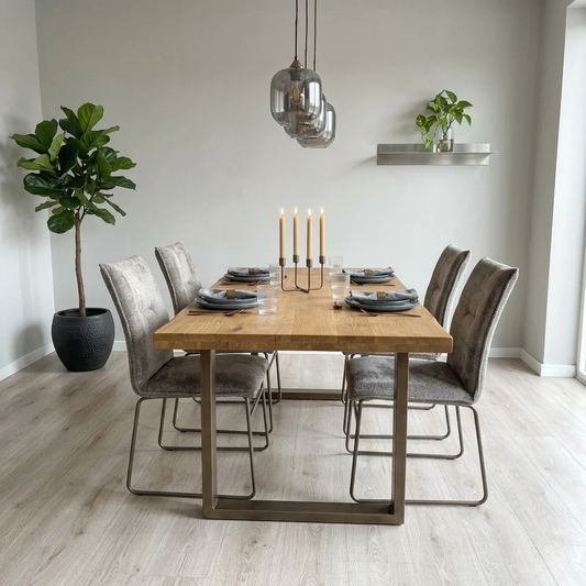 Living room view a modern dining room arrangement featuring the set of four taupe Maya chairs around a dining table.