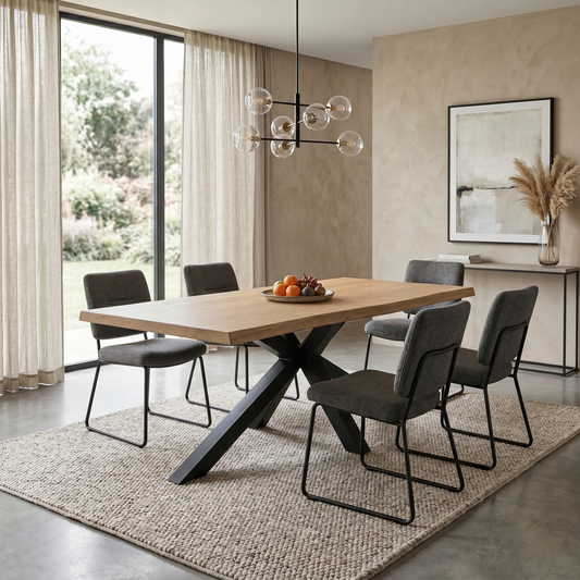 Dining room view for the Saturn live edge dining table, highlighting the premium solid oak construction, fixed spacious tabletop, and modern industrial base design.
