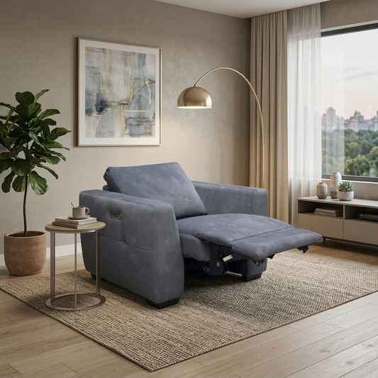 Living room view for the Dinky Dexter armchair, highlighting pocket spring cushioning, power reclining features, and a built-in USB charging port.