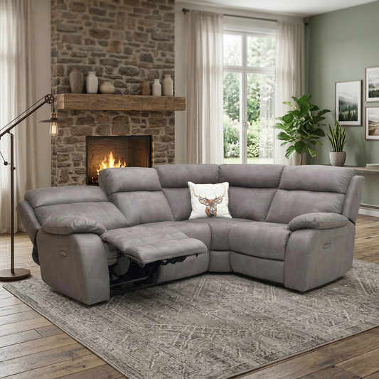 Living room view for the Moreno power recliner corner sofa, highlighting its high-elasticity foam cushioning, serpentine spring suspension, and durable grey suede fabric.