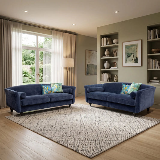 Styled upscale luxury living room lifestyle layout featuring the matching Dame Navy Blue fabric 4+4 seater sofa set arranged opposite each other to create a grand, conversational home entertaining center.