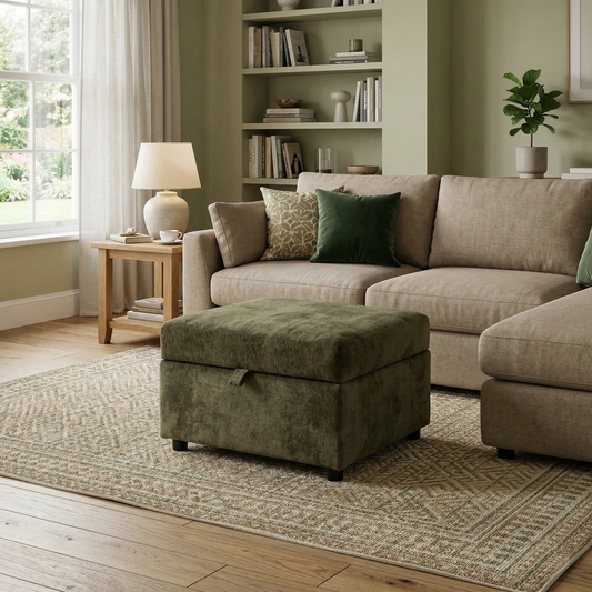 Living room view showcasing the olive green Harvey storage footstool in a modern living room setting.