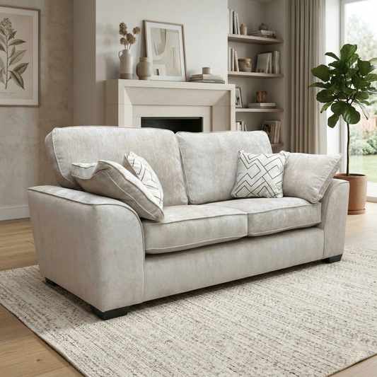Living room view of the truffle Harvey 3 seater sofa in a bright, contemporary living room.
