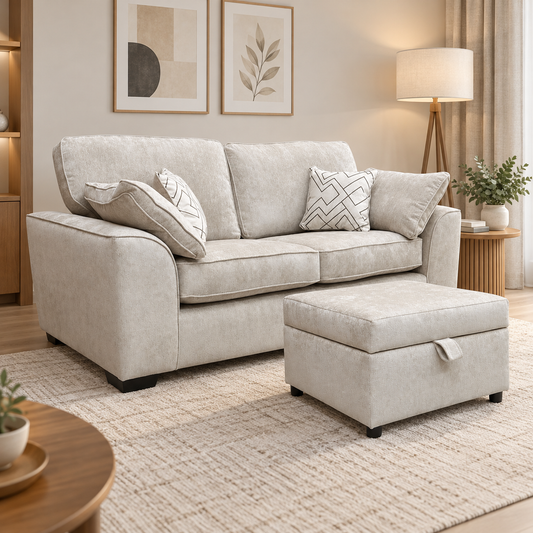 Harvey truffle fabric 3 seater sofa and storage footstool in a living room with a jute rug and framed prints