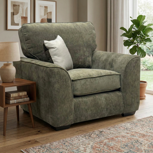 Living room view image of the olive green Harvey chair in a modern living room setting.