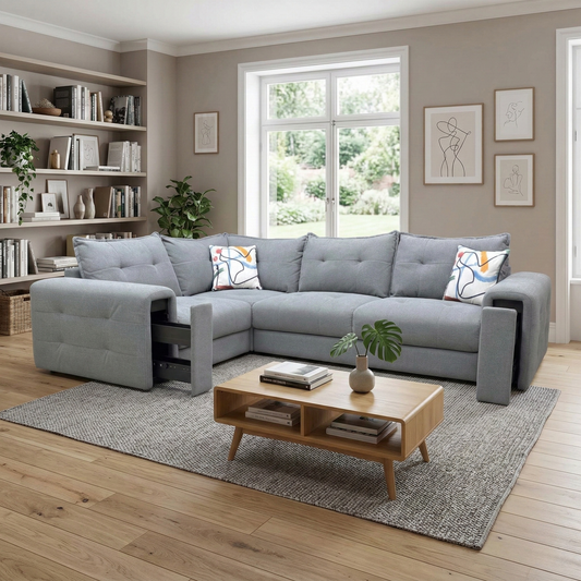 Living room shot of the Goliath corner sofa in a cozy, modern living room with soft lighting.