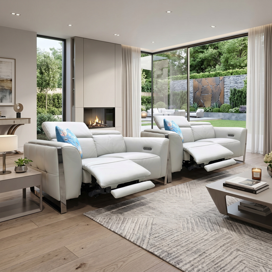 'Gisella' Cat-40/27 Light Grey Leather 2 + 2 Seater Power Recliner Sofa Set with Power Headrests