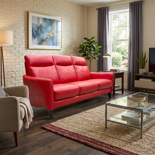 Modern living room view setting featuring the striking red leather 'Petit' BV-0008 sofa.
