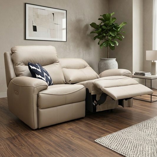 Living room setting featuring the taupe leather G Plan power recliner sofa.