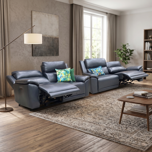 ‘Utah’ Natural Milled Navy Blue La-4828 Leather 3 + 3 Seater Sofa Power Recliner with Power Headrests and Power Lumbar