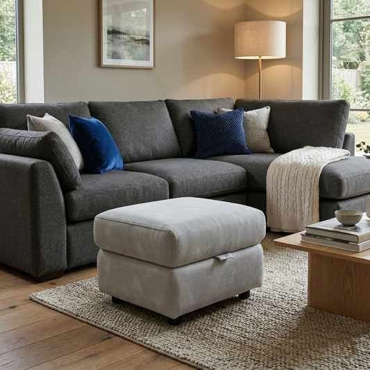 Living room setting featuring the smoke grey Sloane velvet storage footstool.