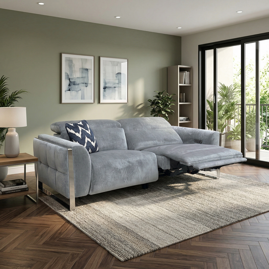 living room setting featuring the charcoal grey Gisella power recliner sofa and metal legs.