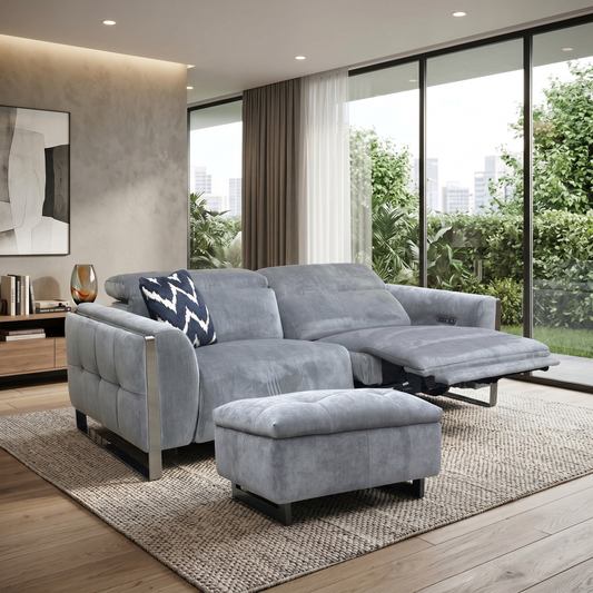 ‘Gisella’ Manhattan Charcoal Grey 58003 Linen Fabric 3 Seater Power Recliner Sofa with Power Headrests with Footstool