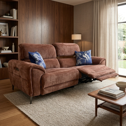 Living room view for the Vino 3-seater sofa, highlighting the power recline functionality, power headrests, and the unique built-in heated seating feature.