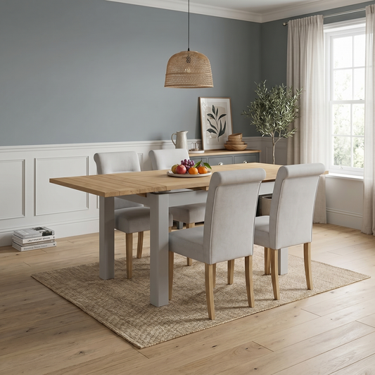 ‘Lewis’ Solid Oak Small Extending Dining Table with 4 Light Grey Faux Leather Chairs Set