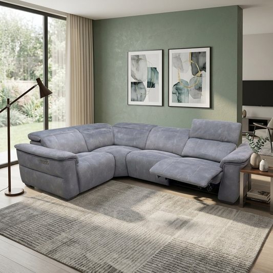 Living room view for the Inca corner sofa, highlighting the double power recline functionality, independent power headrests, and premium velvet upholstery.