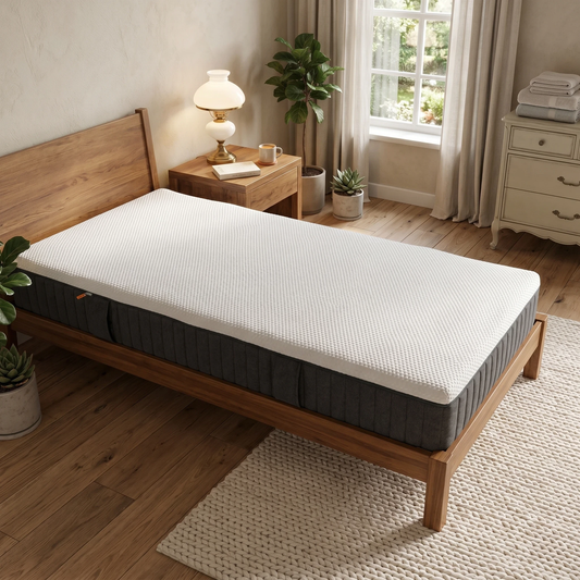 Bedroom view for the Emma Original Mattress, highlighting the 3-layer foam construction, medium firmness, and hypoallergenic properties.