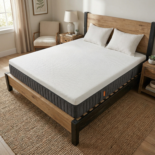 Bedroom view of the Emma King mattress, showcasing the clean contemporary design and the high-quality moisture-wicking top fabric.