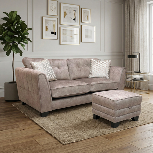 ‘Mariah’ Dapple Chocolate-Tri No Insert Velvet 3 Seater Classic Back Sofa + Small Storage Footstool