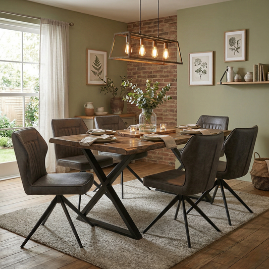 Dining Room view for the Aydin swivel chairs, highlighting the 360-degree swivel mechanism, durable faux leather, and ergonomic curved backrest.