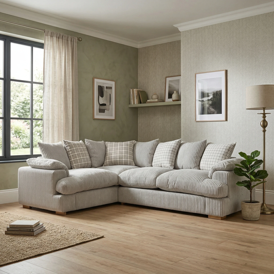 ‘Celine’ Mink and Mocha Celine Jumbo Cord Fabric Right Arm Facing 2 Seater Pillow Back Deluxe Corner Sofa Bed