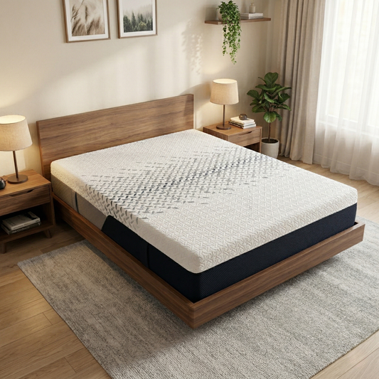 Bedroom view for the Nectar Ultra Cool Hybrid King Mattress, detailing the 3 layers of innovation including Nectatex® memory foam and 1500 Nectacoil® pocket springs.