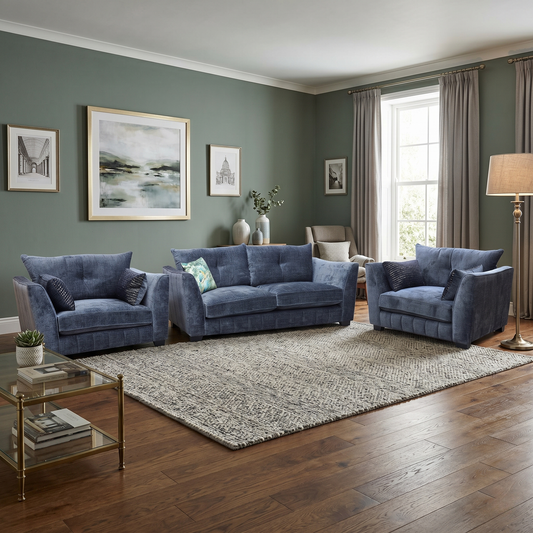 ‘Allure’ Coco Indigo Woven Fabric Set: 3 Seater Classic Back Sofa & 2 x Classic Back Snuggler Chairs Set