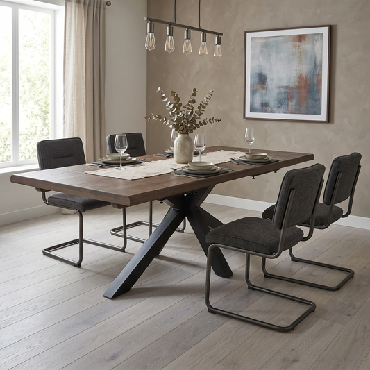 ‘Mars’ Dark Oak Solid Oak Raw Edge 180cm Dining Table with Metal Star Base + Double Extension Leaf