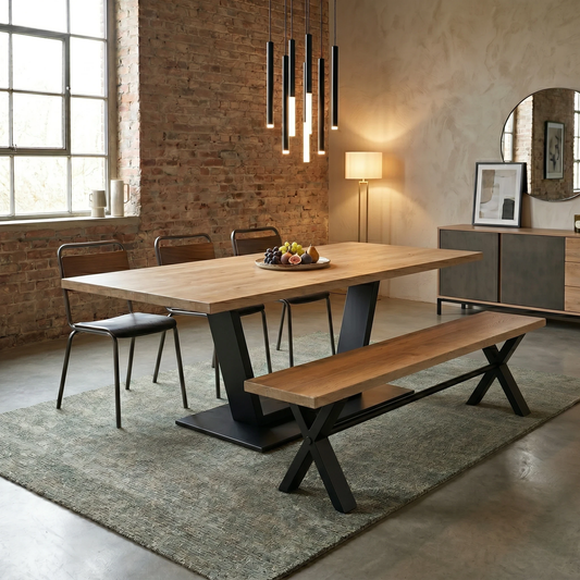 Dining room view for the Saturn solid oak dining bench, highlighting its authentic industrial style, space-saving 3-seater capacity, and robust metal frame support.