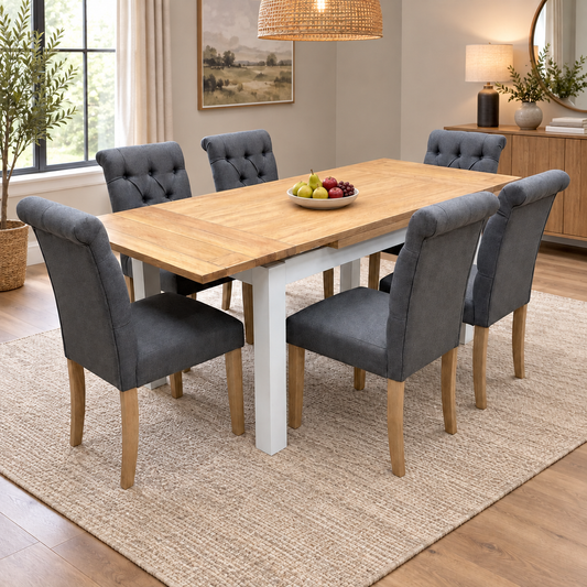 'Lewis' Solid Oak 120cm Large Draw Leaf Extending Dining Table with Anthracite Charcoal Grey Fabric Dining Chairs- Set of 6