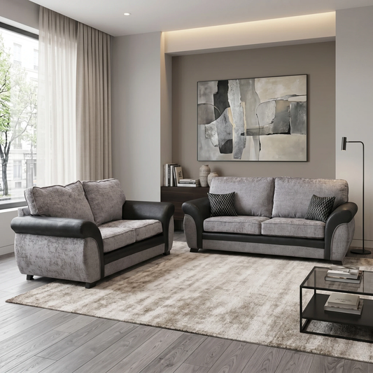 'Narva' Grey Fabric and Faux Leather Combination Standard Back 3 Seater + 2 Seater Sofa Set