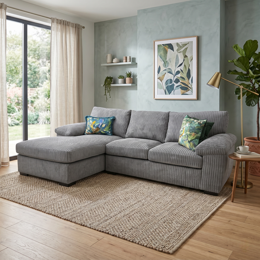 ‘Amalfi’ Charcoal Cord Fabric Standard Back Left Hand Facing 3 Seater Chaise Sofa