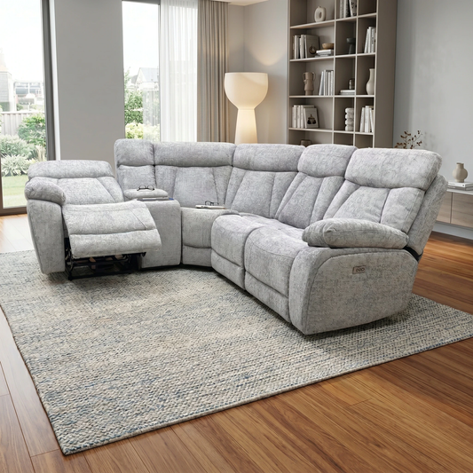 ‘Venice’ Nickel Grey Fabric Power Recliner Corner Sofa with Smart Tech Console Unit