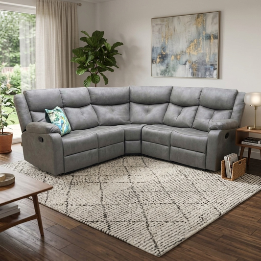 'Roma' Steel Suede Fabric Manual Recliner Corner Sofa With Drop Down Cup Holders and Wireless Charging